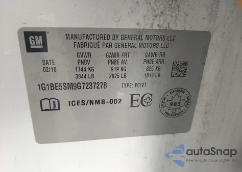 2016 Chevrolet Cruze Lt Auto from USA, damaged, VIN 1G1BE5SM9G7237278